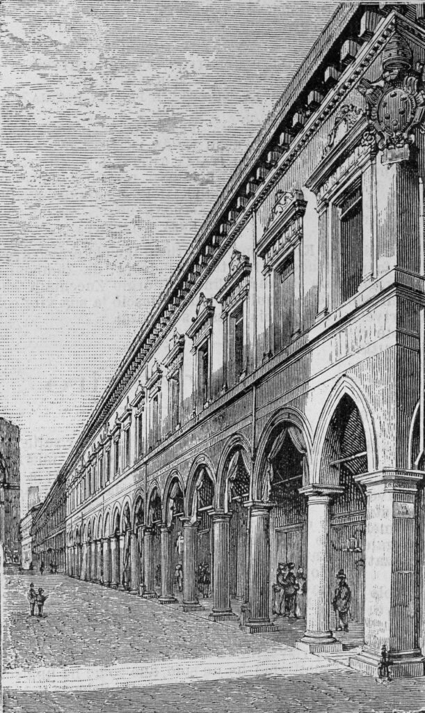 Vista sui portici di Bologna antica.